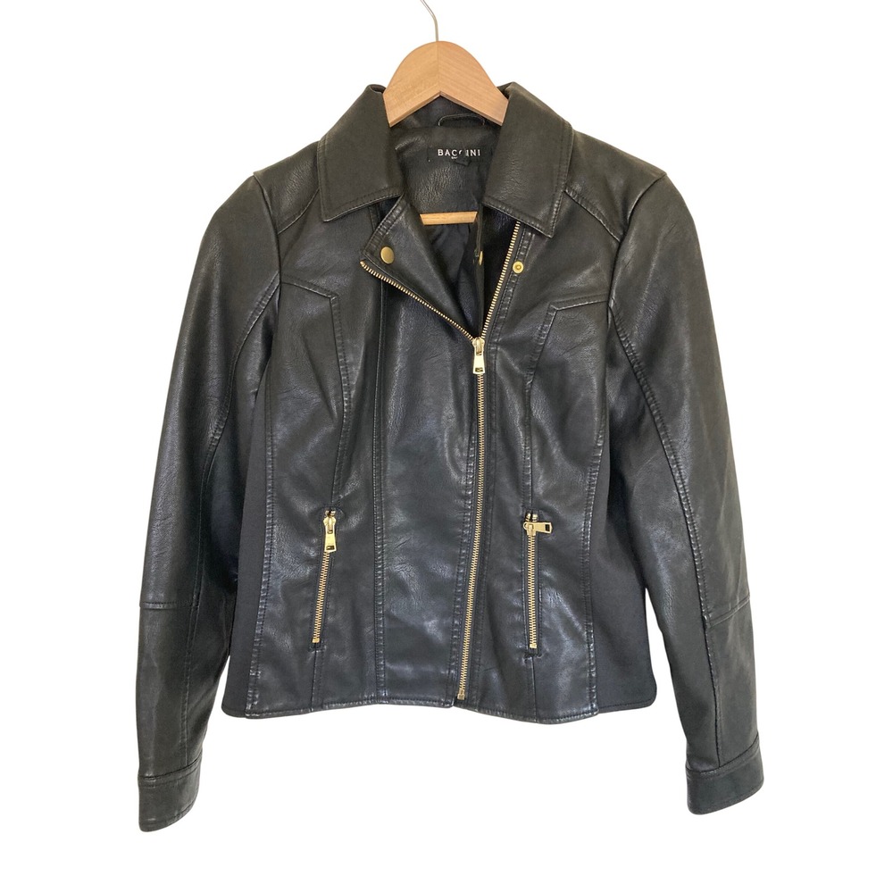 Baccini Black Faux Leather Moto Jacket Gold Zip Scuba Side Panels Small